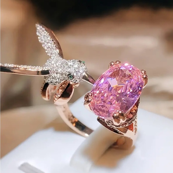 Sterling Silver Plated Pink Zircon And Hummingbird Open Adjustable Ring - Picture 4 of 4